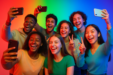 create youth taking selfies for happy memory with a rgb background  