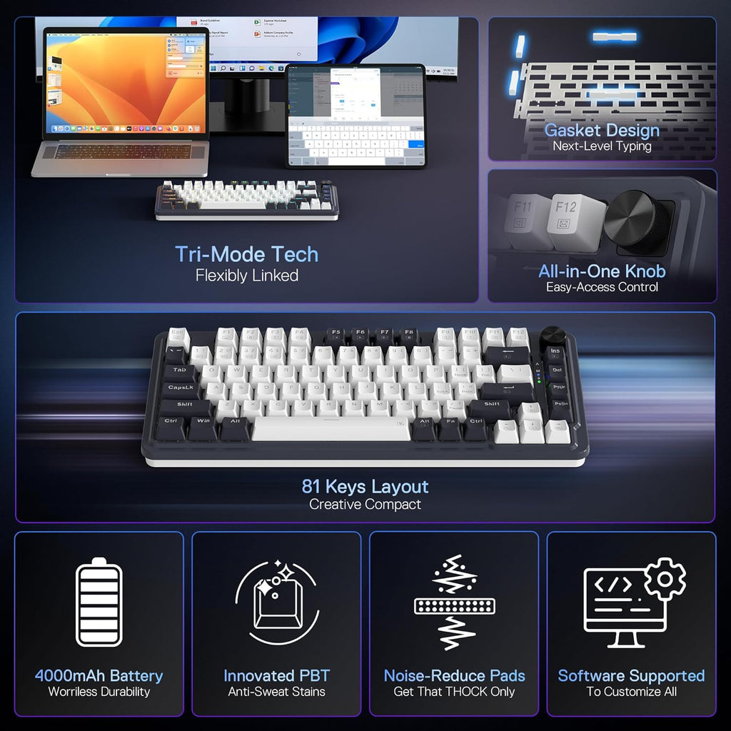 Redragon K673 PRO 75% Wireless Gasket RGB Gaming Keyboard, 3-Modes 81 Keys Compact Mechanical Keyboard