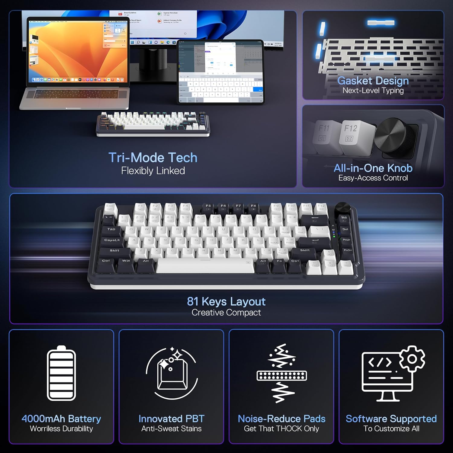 Redragon K673 PRO 75% Wireless Gasket RGB Gaming Keyboard, 3-Modes 81 Keys Compact Mechanical Keyboard