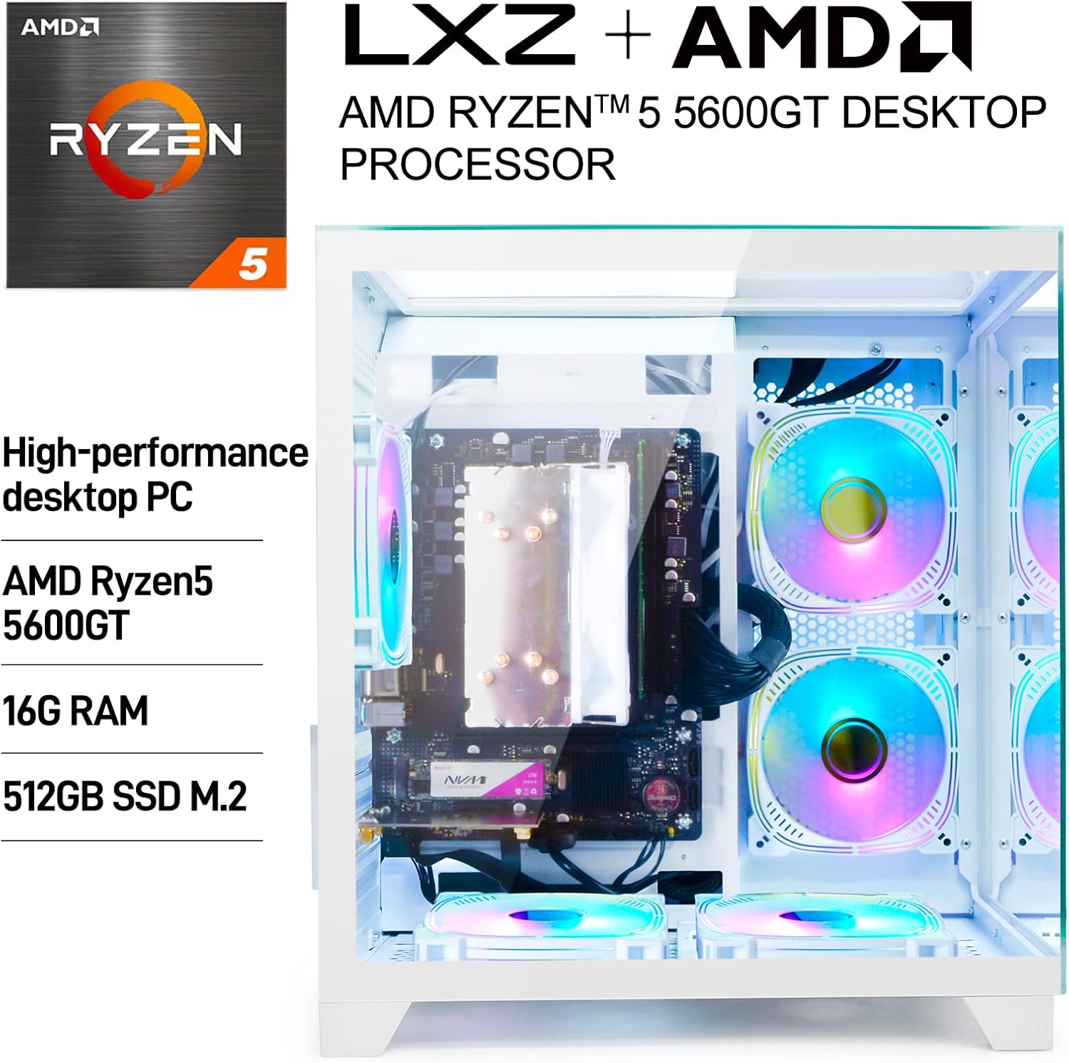 LXZ Desktop PC Computer Ryzen 5-5600GT, 16G DDR4 RAM, 512G NVME SSD, Tower Computer with Wi-Fi