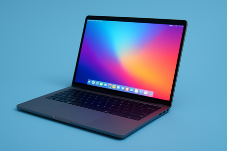 powered on laptop  in sky blue background